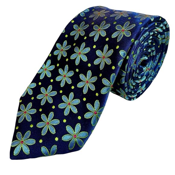 Ted Baker London Men's Woven Multi Color Blues Daisies Tie 100% Silk Made In USA - Picture 1 of 10